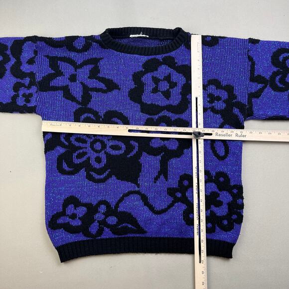 Vintage Flower Art Sweater Adult Small Purple Black Knit Floral Hippie Abstract - Picture 6 of 9